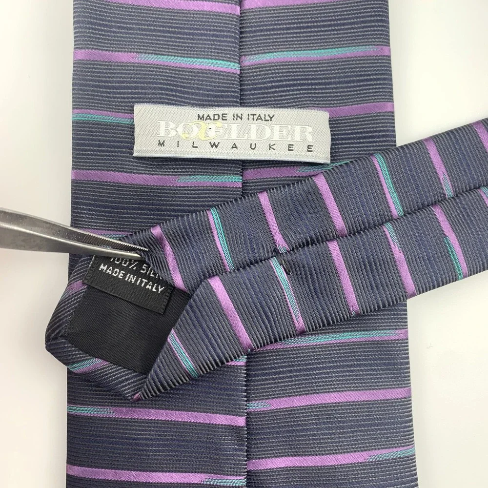 Boxelder Milwaukee Mens Tie‎ Gray Purple & Teal Striped 100% Silk Repp Necktie